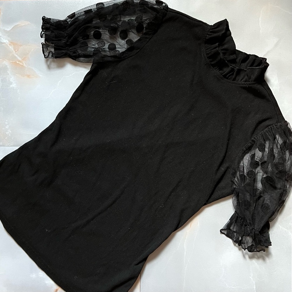 Black Mesh Puff Short Sleeve Black Polka Dots Shirt Size M